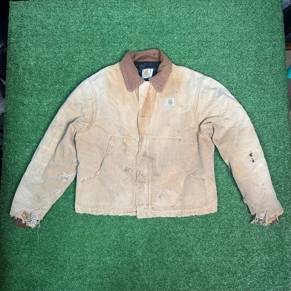 Vtg 90s Carhartt J01 CHT Tan Chestnut Detroit Jacket Made USA‎ Distressed Large
